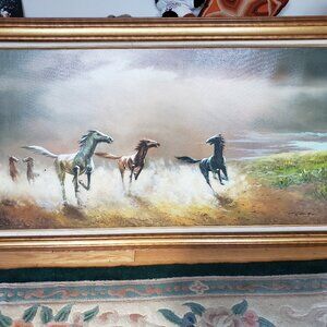 Vintage Antique Large Oil Painting Wild Horses in Desert Landscape Choi H.D.